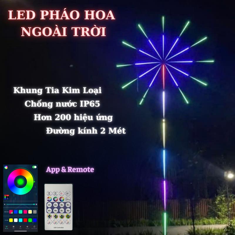 Có Khung LED pháo hoa cao 6 mét đường kính 2 mét tổng 12 tia mỗi tia 1 mét nhiều hiệu ứng đuổi điều khiển băng remote hoặc App