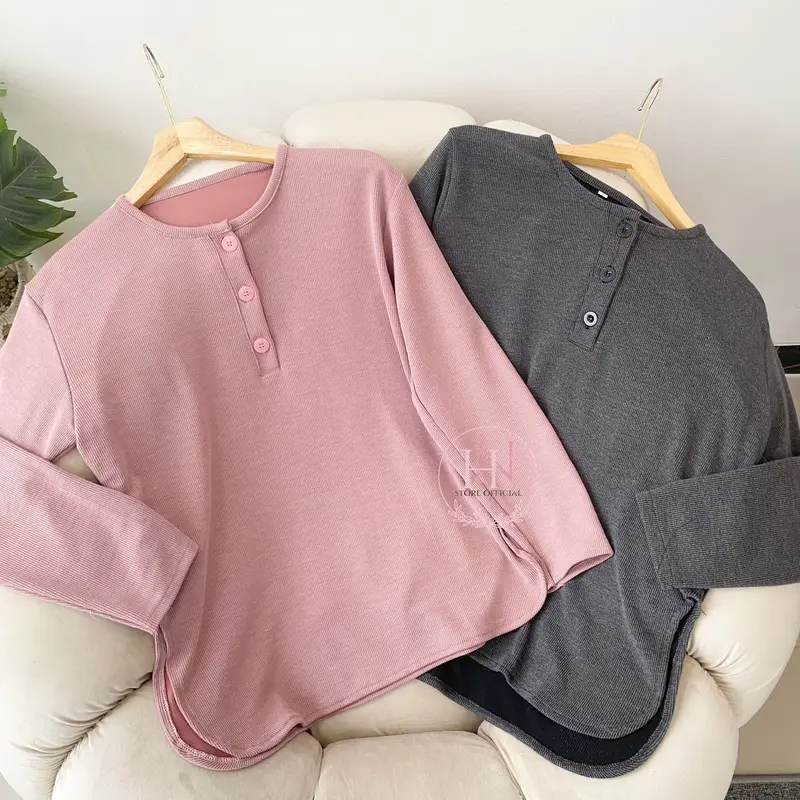 Jihan Blouse Basic Kaos Baju Kancing Knit Misty Atasan Wanita Knitwear Oversize Panjang 0
