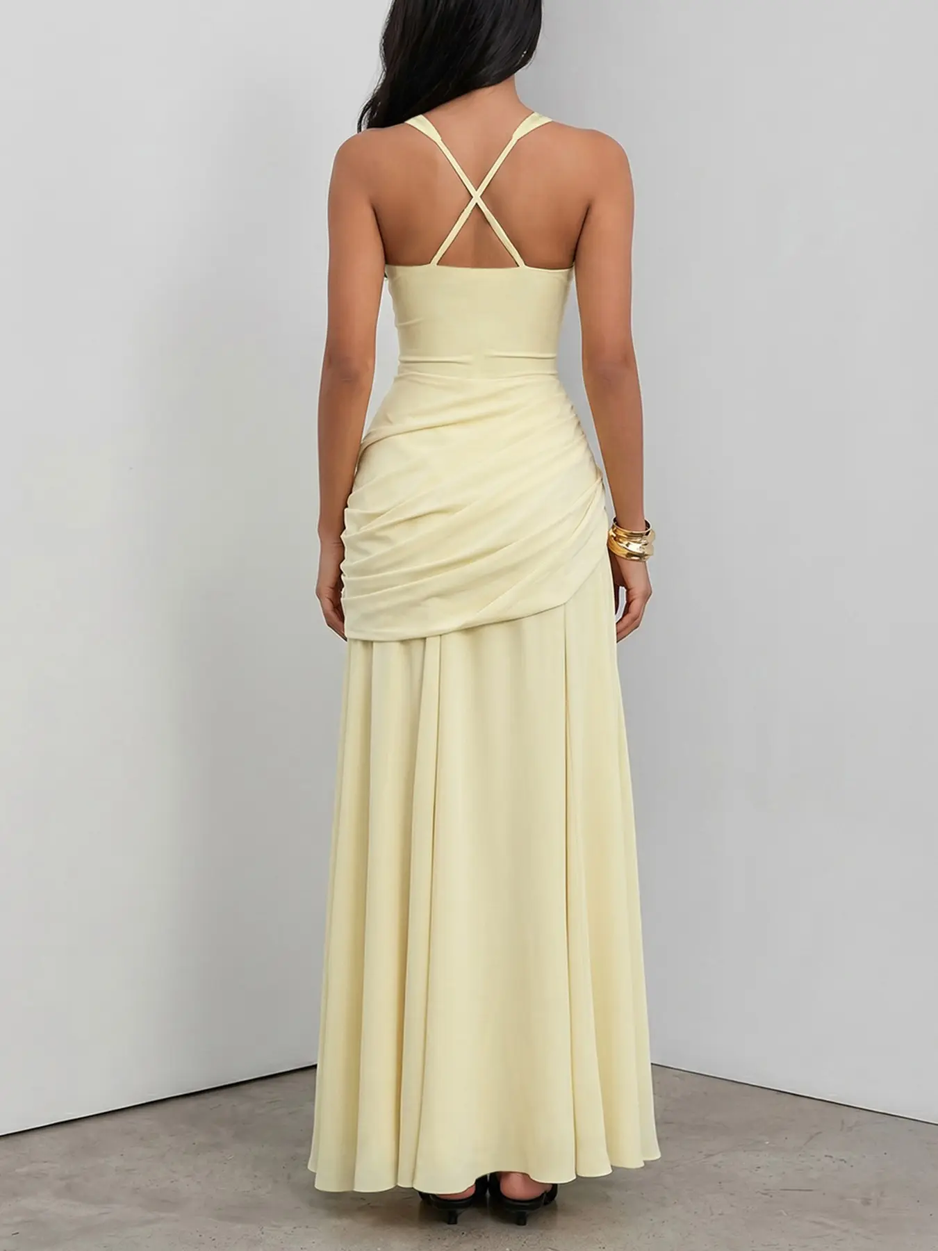 Nuevo vestido largo para mujer 2026, color sólido, corte entallado, escote cuadrado con pliegues, espalda descubierta con tiras, vestido de gala para fiesta - Foto 6