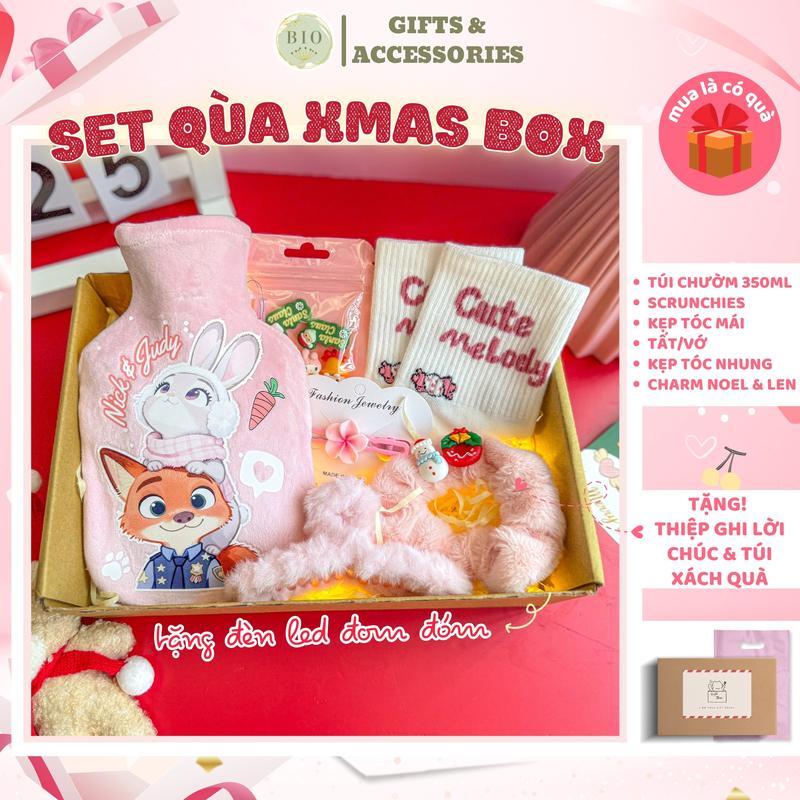 Bộ quà tặng bạn gái túi chườm bụng ngày dâu 350ml mix kèm set nguyên vật liệu kẹp tóc handmade tự làm bằng len nhung tặng kèm 6 charm sticker và keo nến