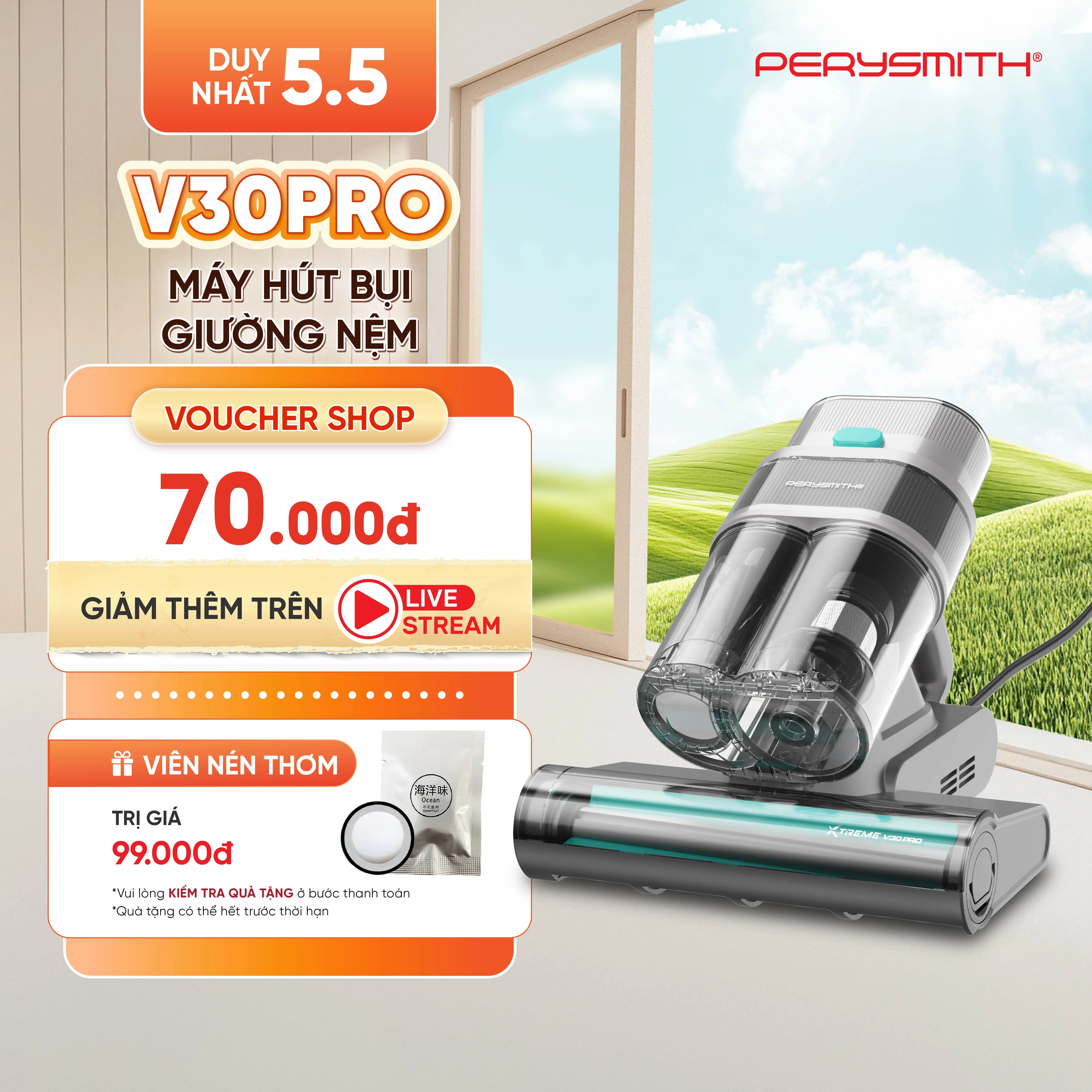 Máy Hút Bụi Giường Nệm PerySmith V30Pro | Lực Hút Siêu Mạnh | Hút Tóc, Lông Thú Cưng | Sóng Siêu Âm | Đèn UV Diệt Khuẩn | Bảo Hành 1 Năm