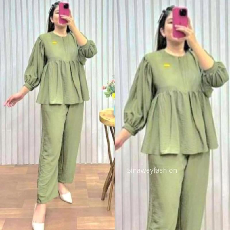 One set donita / baju setelan celana panjang / baju setelan modern / one set kekinian adem Atasan Biru Hijau Kancing Katun Linen 0