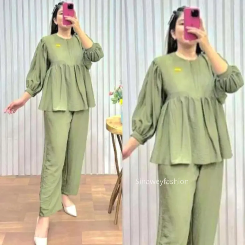 One set donita / baju setelan celana panjang / baju setelan modern / one set kekinian adem Atasan Biru Hijau Kancing Katun Linen 0