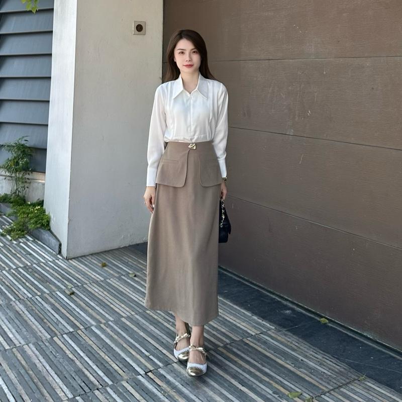 Set Thiết kế Áo Lụa Vân Tay Dài Khoá Cổ Trước Phối Chân Váy Tag Khuy Tiểu Thư Dáng Dài