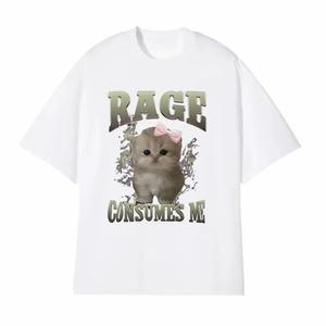 トレンド子猫柄プリント婦人用半袖Tシャツ、丸首、ゆったり、純綿カジュアルトップス、丸首、ショルダーベルト、ゆったりシルエット、通気性、肩落ちデザインプリントTシャツ夏のゆったりタイプ