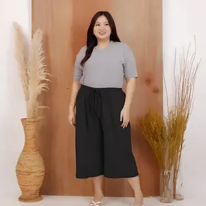 Celana Kulot Jersey 7/8 Jumbo Super Jumbo Muat BB 60-140 Kg Bumil Kantong Pendek Bahan Lemonskin Elastis Dengan Tali Serut