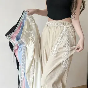 Celana Panjang Wanita Fashion Model Baru Pinggang Tinggi Lebar Lurus Bahan Polyester Berkualitas Tinggi Gratis Sabuk Renda Santai Style Korea