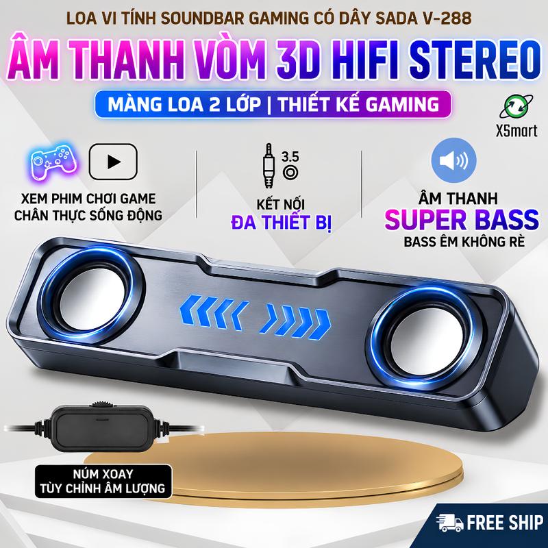 Loa Vi Tính Có Dây SADA V-288 Jack 3.5mm, Thiết Kế Góc 50°, Âm Thanh Vòm 3D - Hifi Stereo