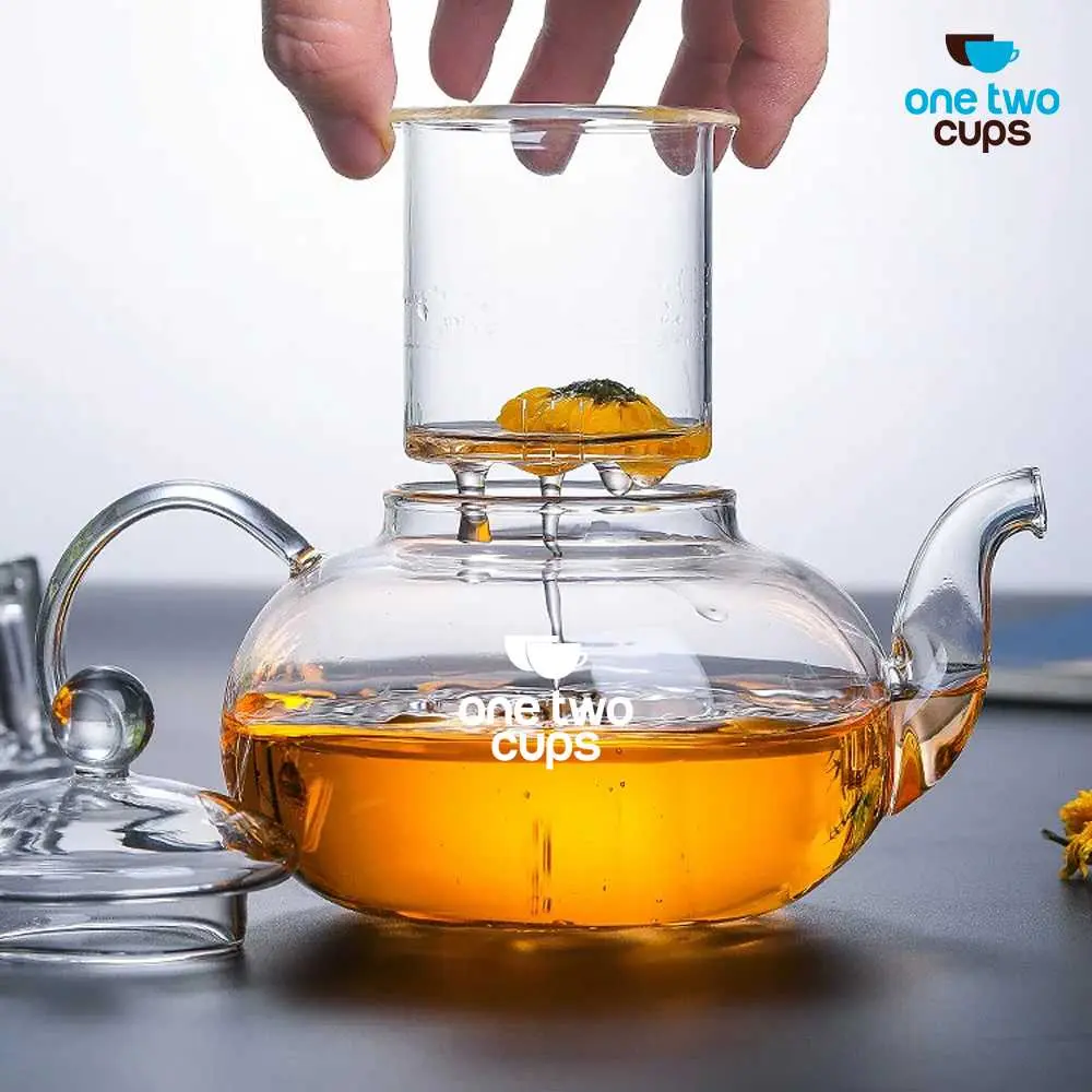 Teko Teh Kaca One Two Cups Model Tahan Panas Api kompor dengan filter penyaring herbal Tea