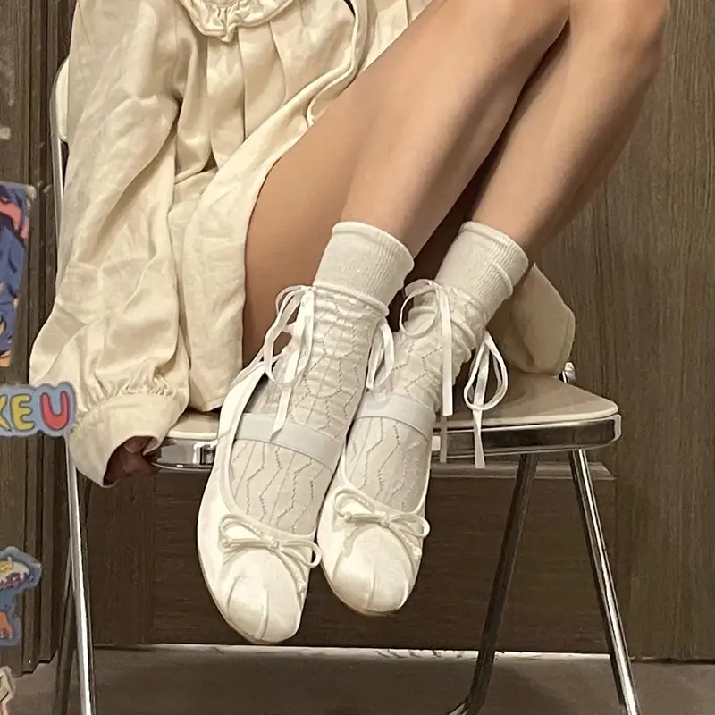 Summer Thin Style Breathable Laced-Up Ribbon Bowknot Cotton Socks Short Mesh Hollow Ballet Style Pile Socks Women Fabric Tube
