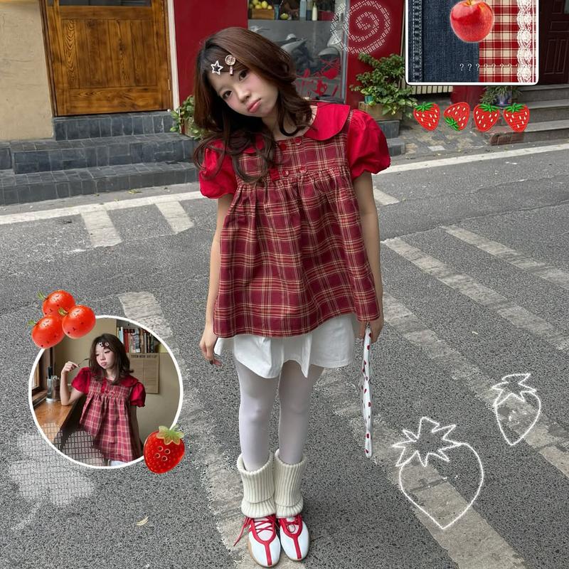  Áo babydoll cổ bèo phối nỉ caro đỏ Saki Red ୨୧ by Vintagevibes. 