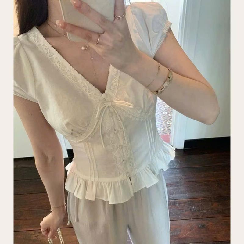 376 Áo Y2K Cổ Tim Phối Ren Nơ Siêu Xinh Chất Đũi Linen