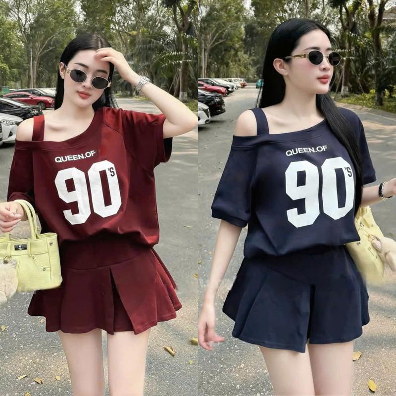 Set Váy Áo Trễ Vai Có Dây Chỉnh Tay Lỡ Mix Chân Váy Xòe Cạp Chun Chất UMI Hàn sang chảnh Top Women bu Th store