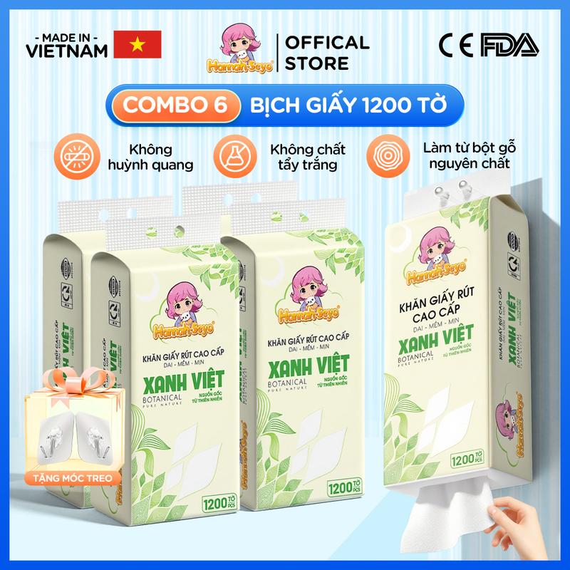 Combo 6 Bịch Khăn Giấy Rút 1200 Tờ 4 Lớp Hannah Seyo Xanh Việt Treo Tường Mềm…