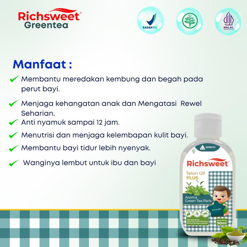 Richsweet Minyak Telon Plus Aroma Green Tea 90ml | Perlindungan sampai 12 Jam Anti Nyamuk + Ekstrak Daun Bidara 2