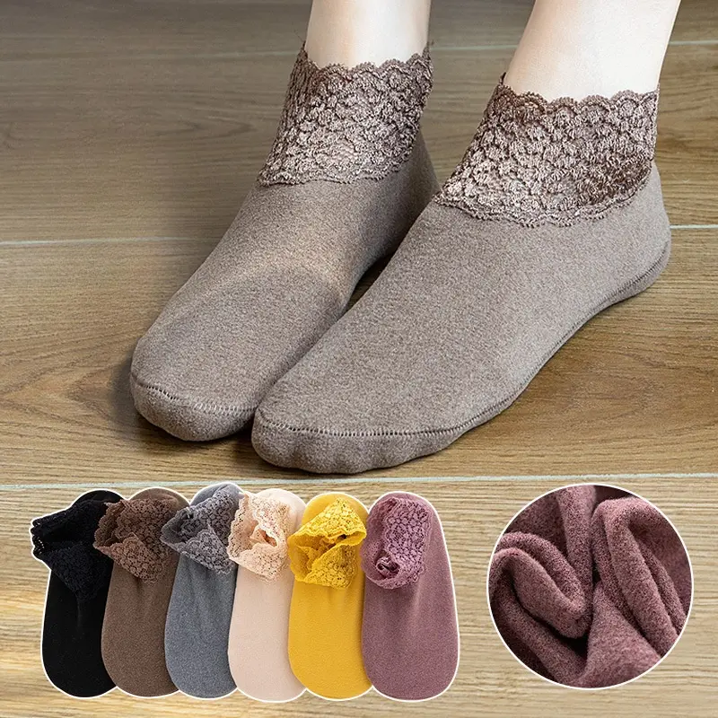 1 pair of women's stockings, super soft lace edge, non-slip, super elastic, skin-friendly, warm, plain color, skin color socks, thick soles, floor socks, household items Breathable Light Lingerie Bottom Velvet Lady Comfortable Basic Womenswear Minimalist