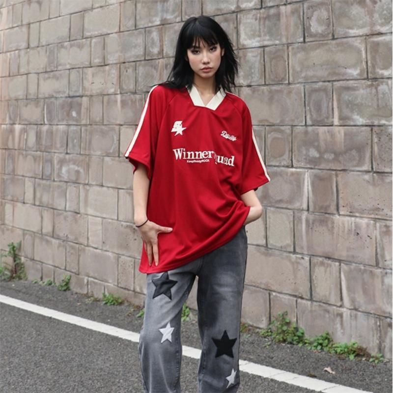 Product Introduction of Summer Heavy Embroidery American Retro V-neck Sports Casual Red Jersey Korean Short Sleeve Women's High Street Loose Couple T-shirt Fashion Brand Ins New Half Sleeve Men's Racing Clothes Top Black Basketball Shirt 14
