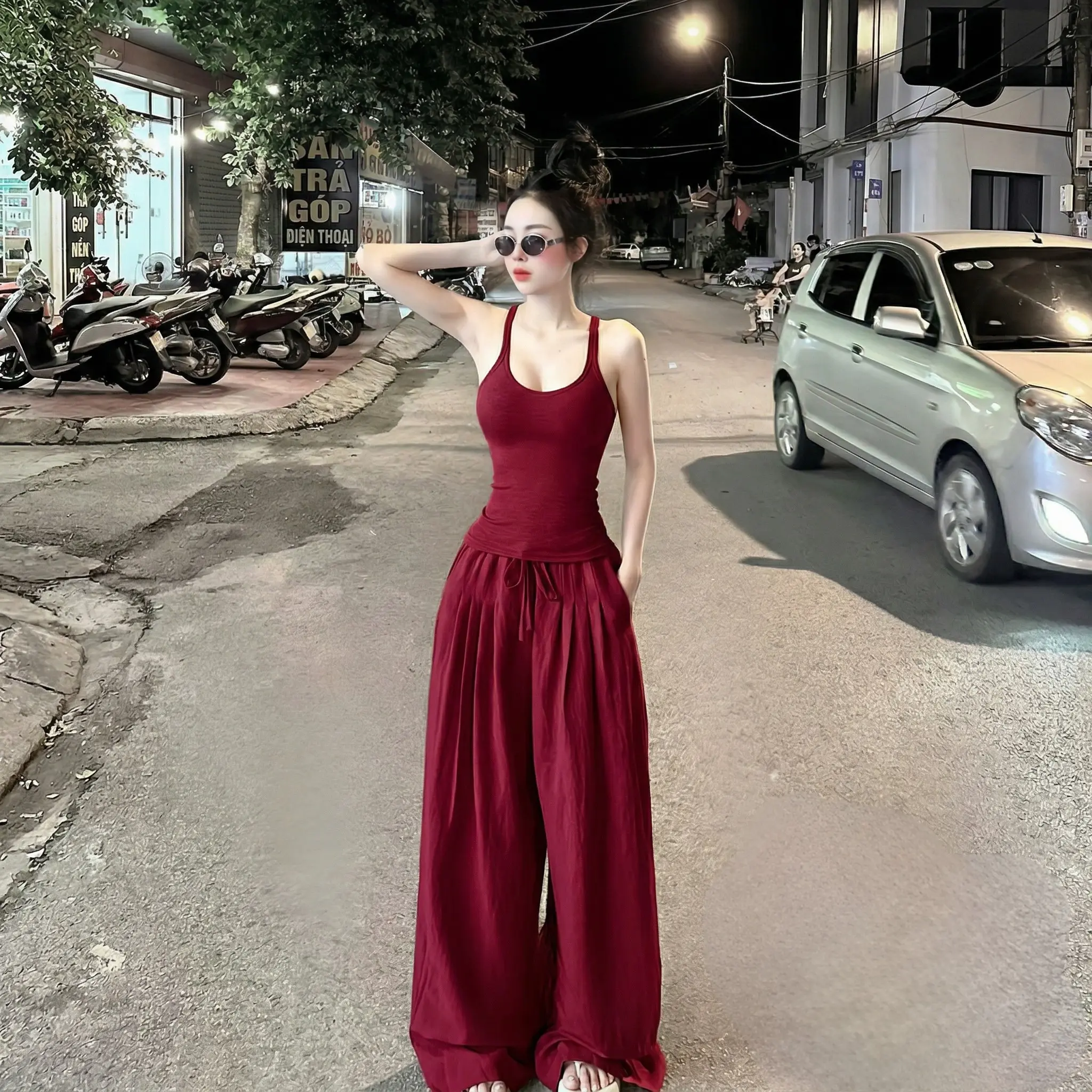 HL09 Set bộ ba lỗ, dây mix quần suông bồng bí, 3 màu đen, vàng, ghi | BigBuy360 - bigbuy360.vn