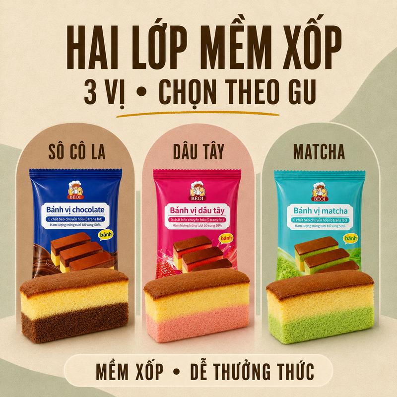 BÉOI Bánh Bông Lan Hai Lớp 3 Vị Dâu Tây Matcha Socola Gói Lẻ Mềm Xốp Thơm Ngon…