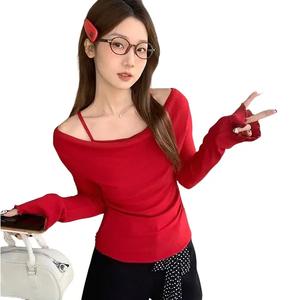 Áo Thun Không Tay Dài Tay Hai Mảnh, Phong Cách Cổ Điển Kiểu Pháp, Dành Cho Nữ, Thích Hợp Cho Mùa Xuân Và Mùa Thu, Lớp Bên Trong, Thiết Kế Cạnh Gỗ, Viền Đáy Thường Ngày Hàng Đầu, 7978 #