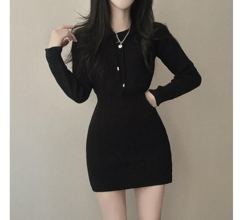 Váy Dệt Kim Có Mũ Màu Trắng Cho Nữ, Mùa Thu Và Mùa Đông, Eo Bó Sát Mới, Có Thể Mặc Bên Trong, Váy Len, Đế Hẹp, Váy Ngắn đầmbody cổtàu 1