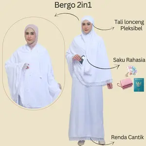 Bergo Hijab Kerudung Instan Khadijah 2in1 Perlengkapan Umroh Haji Polos Resleting Saku Renda Cantik Katun Premium Jumbo Tali Lonceng Pleksibel