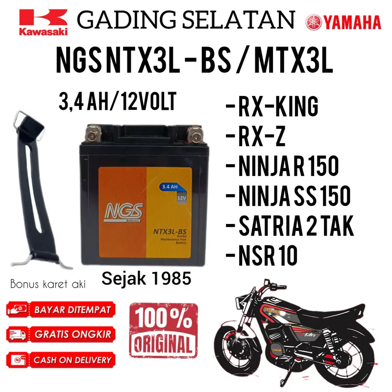 Aki MOTOR RX-KING 3,4 AMPER MTX3L BONUS KARET AKI NGS NTX3L-BS Aki kering  NINJA R 150 NINJA SS SATRIA S AKI GEL SILVER TEKNOLOGI Motorcycle 0