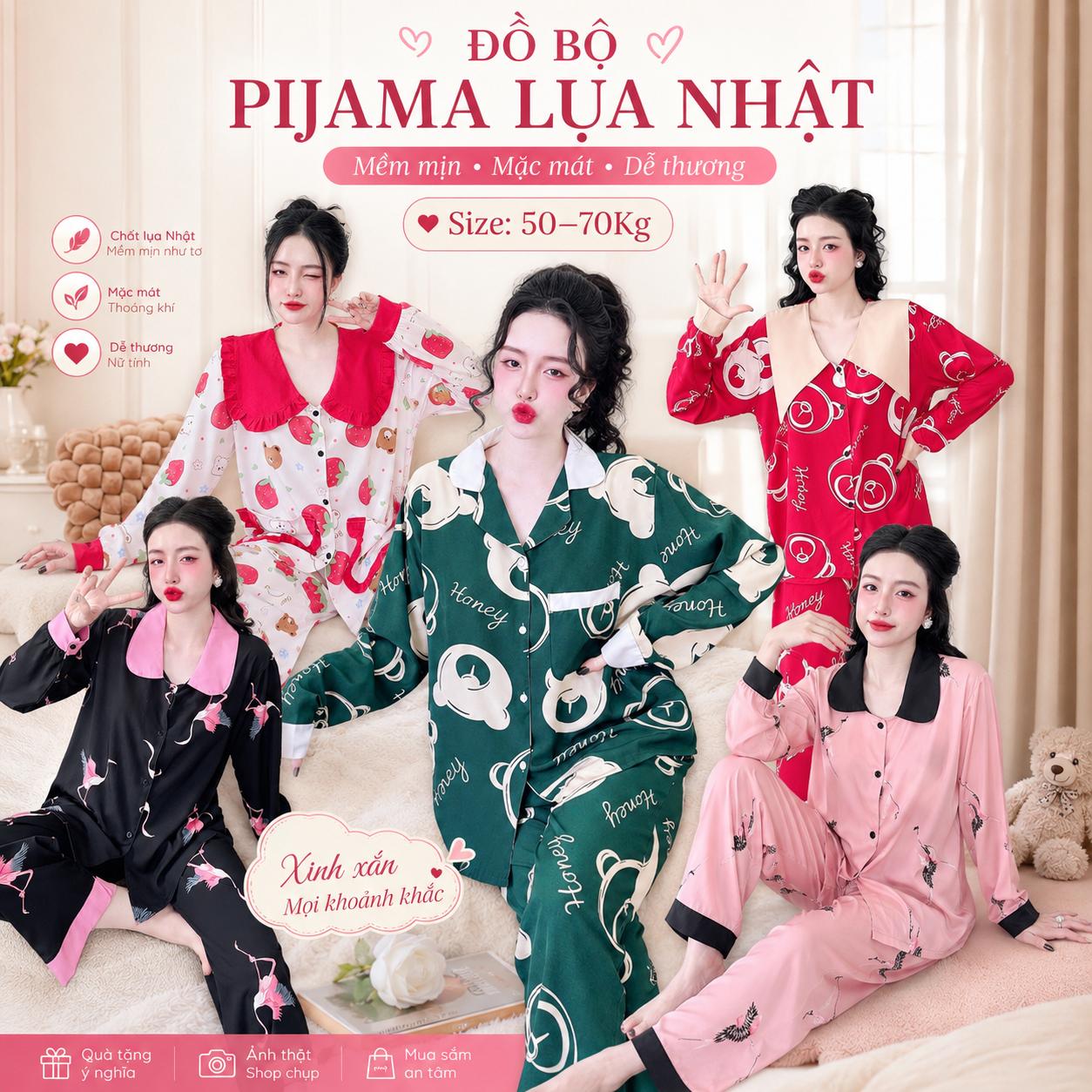 Đồ Bộ Đồ Ngủ Nhiều Kiểu Vải Lụa Nhật Size 50-70kg Xinh Xắn Nữ Bigsize, Pijama Tay Ngắn Quần Dài Form Rộng Sang Xinh - A.TH6LN2