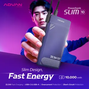 ADVAN SLIM 10 Powerbank 10000mAh Fast Charging 22.5W Type-C and Type A Power Delivery 3.0 Over-Current Protection Short-Circuit Protection Slim Compact Design