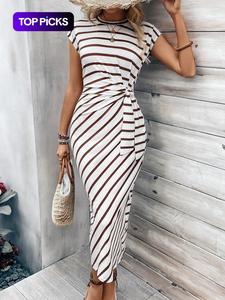 Vestido de mujer de color sólido / a rayas / con estampado completo, nudo y manga murciélago, vestido largo casual de manga corta y cuello redondo, ropa de damas para vacaciones en la playa