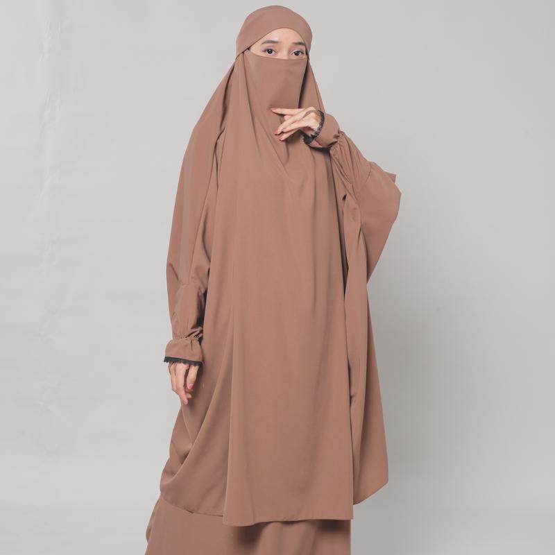 French Khimar tangan Renda syari Bahan Wolfis Malebbii Wardrobe hitam jilbab muslim  panjang  karet instan 4