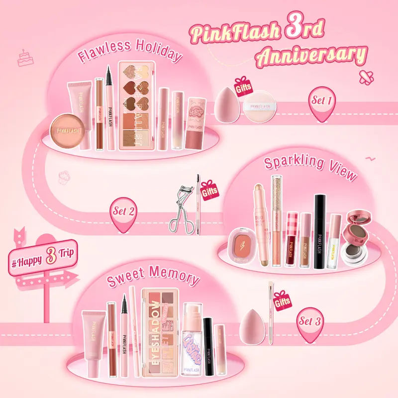 [Official]PINKFLASH #Happy3Journey 3rd Anniversary Makeup Sets 8PCS Beauty set makeup kit face makeup Eyeshadow Eyeliner Mascara Concealer Blush Eyebrow Liquid Loose Palette Foundation Lasting Cover Kosmetik 8