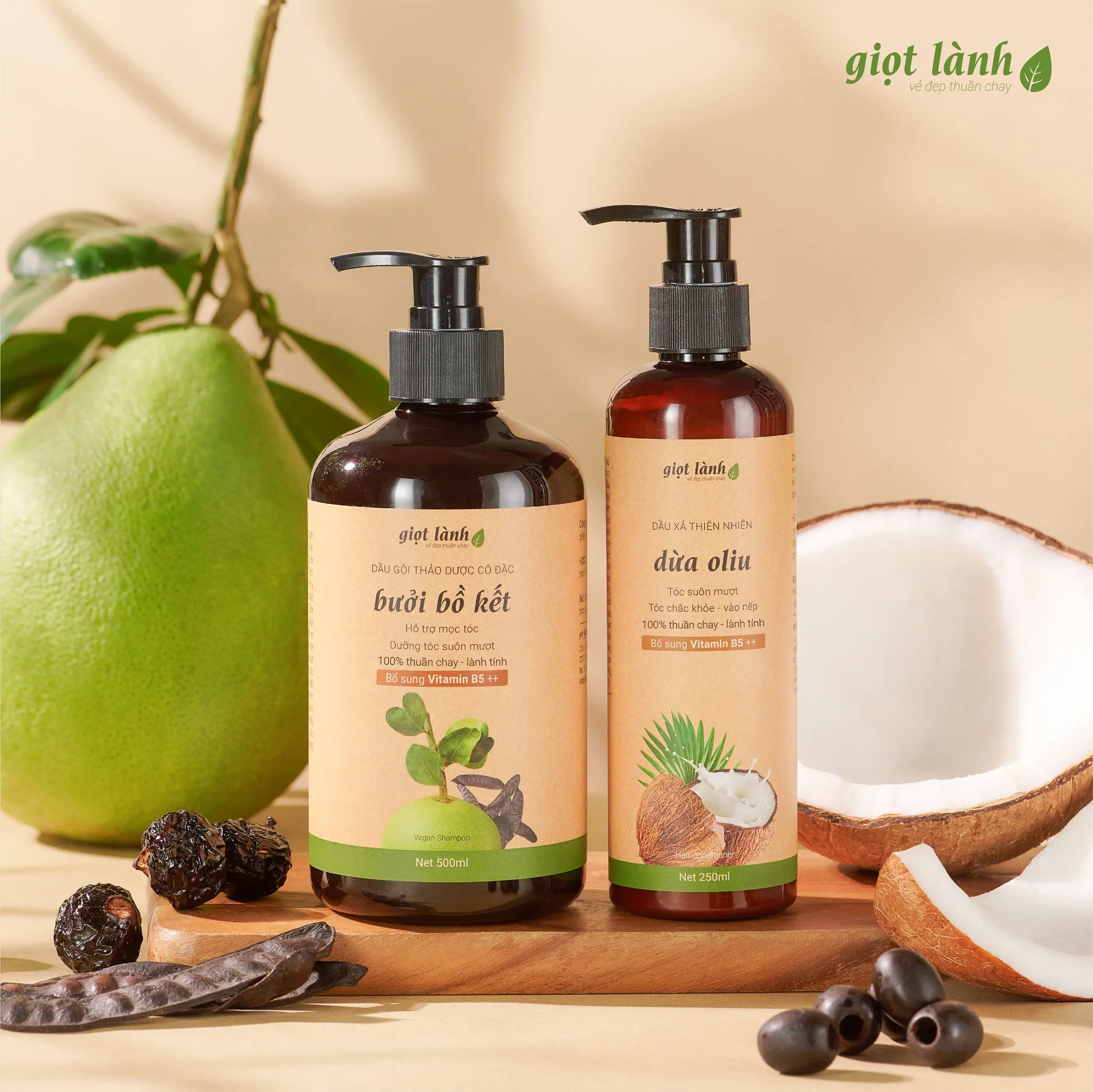 Cặp Gội Xả, Dầu Gội Bưởi Bồ Kết - Dầu Xả Thiên Nhiên Dừa Oliu Giúp Hỗ Trợ Mọc Tóc, Giảm Rụng Giọt Lành