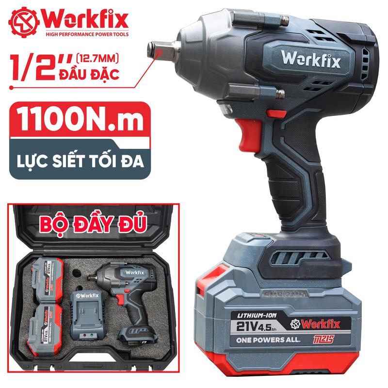 Máy Siết Bulong Workfix 1100N.m - WF-IW1100N - 4 Cấp Tốc Độ - Motor Brushless - Mở Ốc Lớn Từ 38mm Trở Xuống - Chân Pin Phổ Thông 2 Pin 15 Cell 21V 4.5Ah - Bảo Hành Chính Hãng 6 Tháng