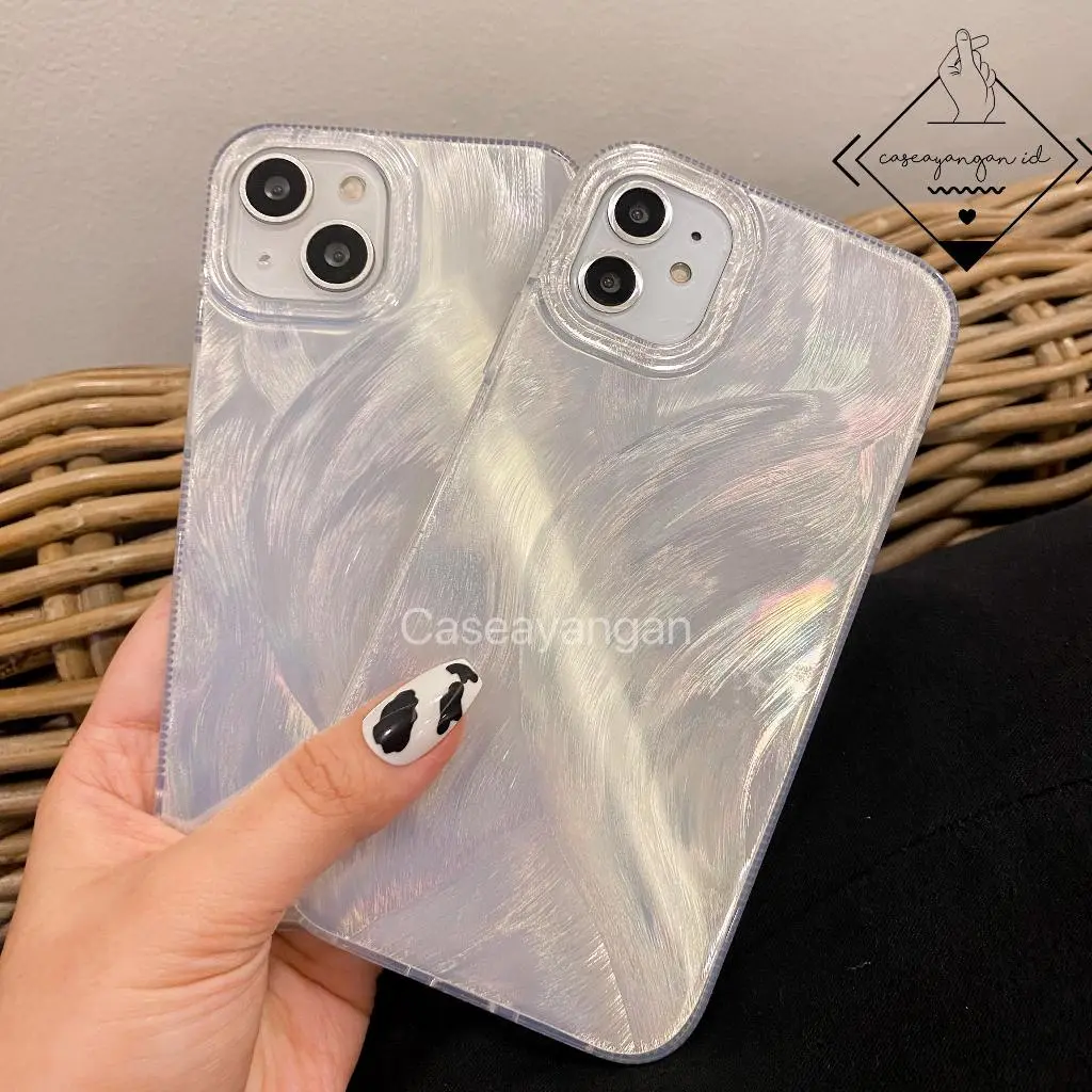 WH - Silver Brush Case For IPHONE (7 - 15) 7 8 SE 2020 2022 PLUS X XS XR 11 12 13 14 15 PRO MAX Casing Lucu Silver Holo Casing Hologram