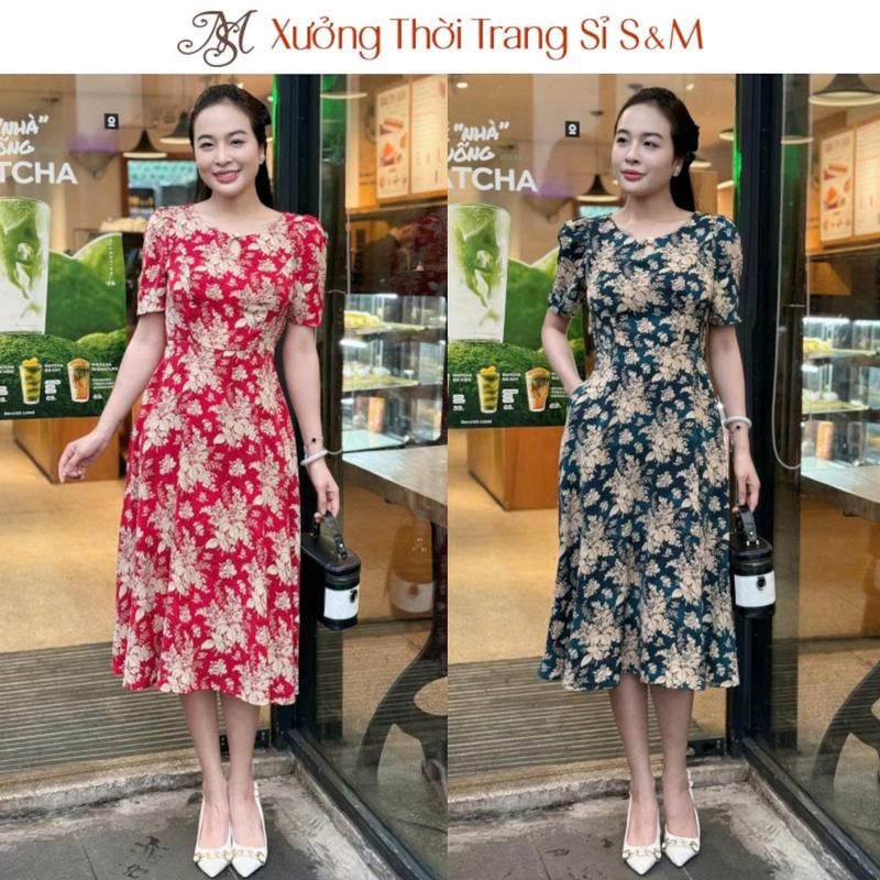 Đầm xòe họa tiết hoa, cổ giọt nước đính nút, có túi S&M - GR279.1 (Hình thật shop tự chụp và tự quay video)