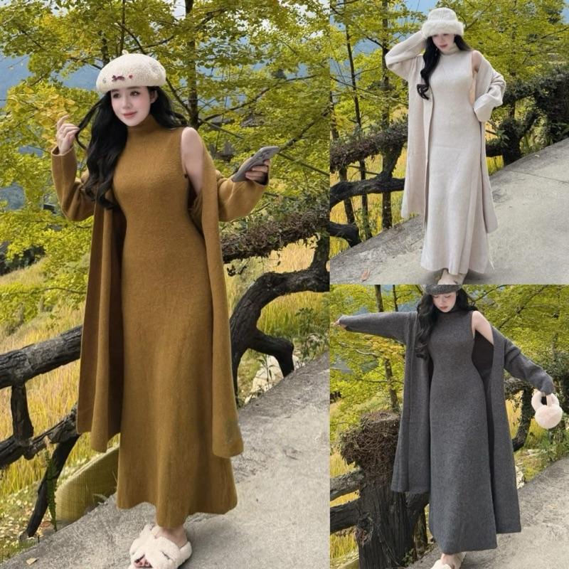 QC Chính Phẩm Live Sao Gửi Vậy Set 2 Món Gồm Váy Len Dáng Dài Cao Cổ Sát Nách Kèm Áo Choàng Len Dài Tay Xinh Sang Nữ Tính Ba Màu Basic Cho Nàng Diện Thu Đông By DiepGZ271025