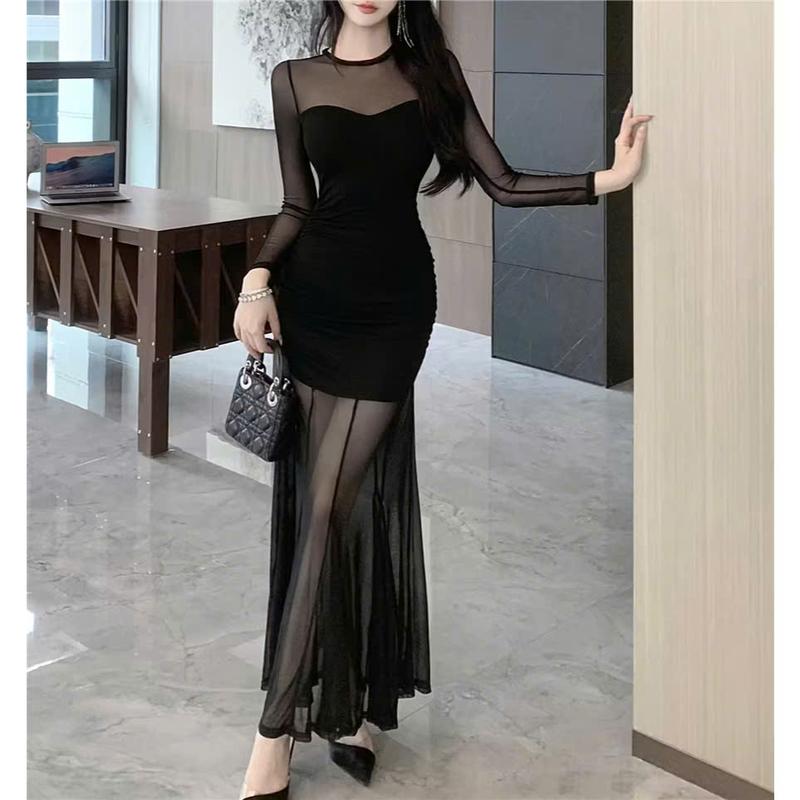 Đầm Đuôi Cá Dự Tiệc Sang Chảnh Body Dài Cổ Tròn Chất Voan Lưới Gợi Cảm Phối Thun Gân Tăm Mềm Mại Phong Cách Tiểu Thư Quý Phái