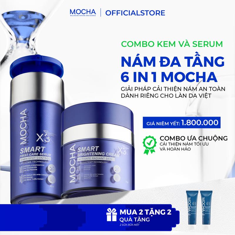 Combo Kem Giảm Sạm Nám Chuyên Sâu MOCHA & Tinh Chất Làm mờ thâm Nám từ Tầng Sâu, Gồm 4 sản phẩm: Kem Nám Mocha 30gr, Serum Nám Mocha 30ml tặng 2 sửa rửa mặt 25ml Chăm Sóc Da Làm Đẹp Da Dưỡng Ẩm Da Nữ Women Skincare