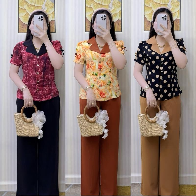 Cổ Vest - Quần Suông Sét Bộ Cổ Vest Quần Ống Suông Chất Liệu Vải Mango Mềm Mịn Mát Phù Hợp Nhiều Dịp