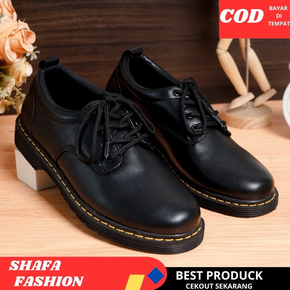 SHAFA Sepatu Docmart Pria Low Boots Formal Pantofel Kerja Hitam - Derby Series