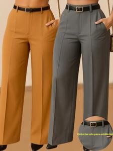 Conjunto de pantalones casuales de mujer elegantes de color sólido y cintura alta con pierna recta, pantalones largos ajustados para el trabajo sin cinturón, para todas las estaciones