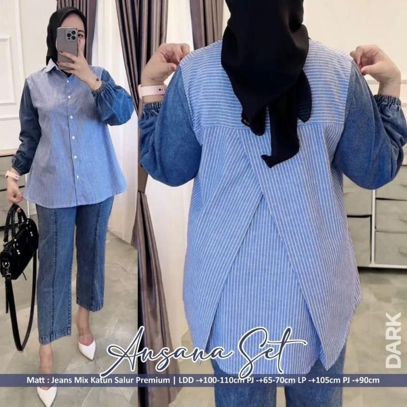 Setelan Celana Jeans Premium Mix Katun Salur Ansana Oneset Wanita Elegan dan Mewah 1