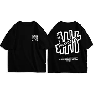 Kaos Lengan Pendek dengan Cetakan Logo Putih dan Hitam Gaya Jalanan Atasan Kerah Bulat Longgar