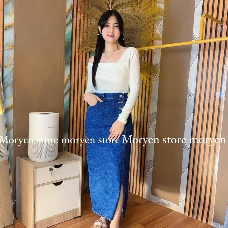 (EXCLUSIVE CI FEBY X MORYEN) rebecca rok jeans panjang rok jeans kancing belah depan rebeca rok skrit jeans span kamila rok jeans wanita berhijab 4
