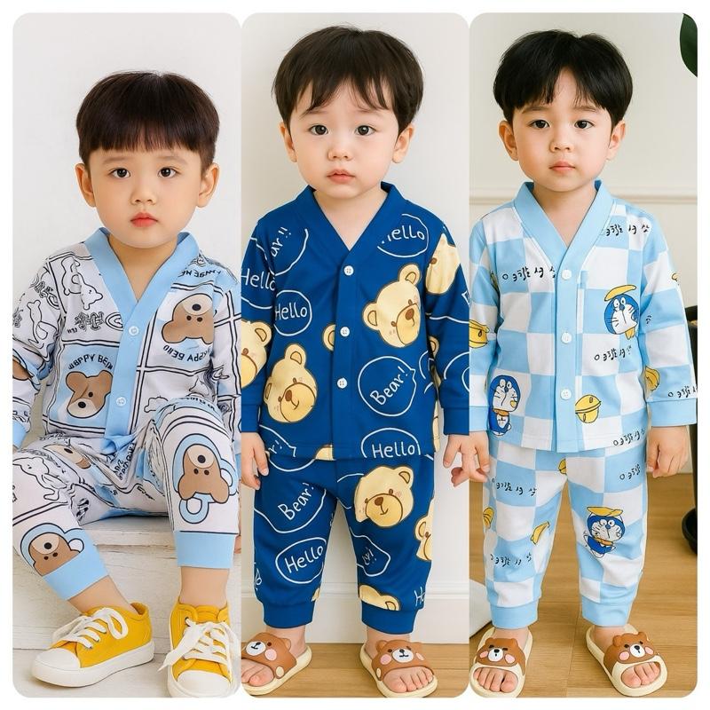 2 Bộ TẶNG 1 Đôi VỚ Bộ Áo Quần Dài Tay Pijama in 3D MinGy Baby phối cúc Phong Cách HQ cho Bé Trai Bé Gái