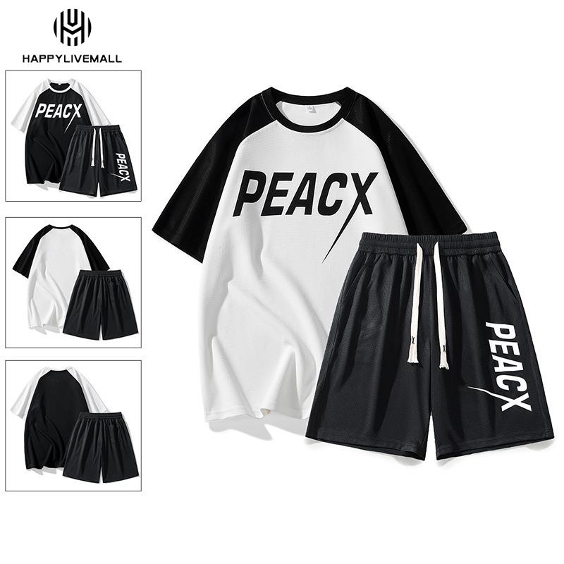 Bộ quần áo nam nữ vải tổ ong phối màu logo in trẻ trung thơi trang Happylivemall Menswear