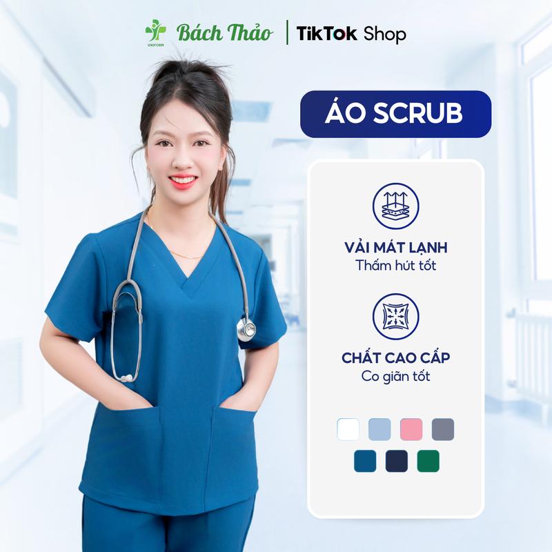 [THÊU THEO YÊU CẦU] Bộ Đồng Phục Scrubs Cổ Tim Màu Xanh Dương Cho Nữ, Bộ Phòng Y Tế Cho Bác Sĩ, Điều Dưỡng Chất Cotton Hàn Cao Cấp - Đồng Phục Bách Thảo