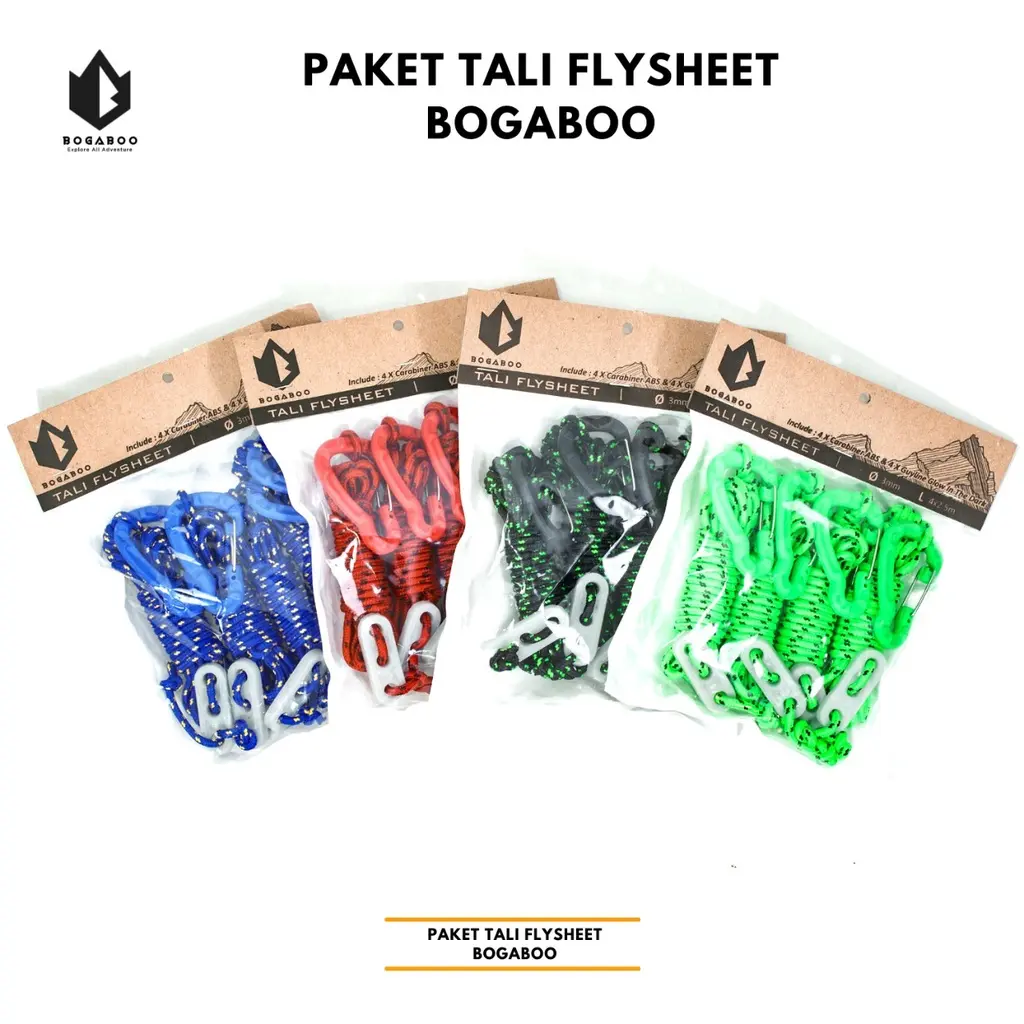 Paket tali flysheet BOGABOO - PAKET TALI BIVAK SET - karabiner abs - guyline glow in the dark - tali perusik 3 MM - paket tali tenda - paket tali tiang flysheet - TALI OUTDOOR