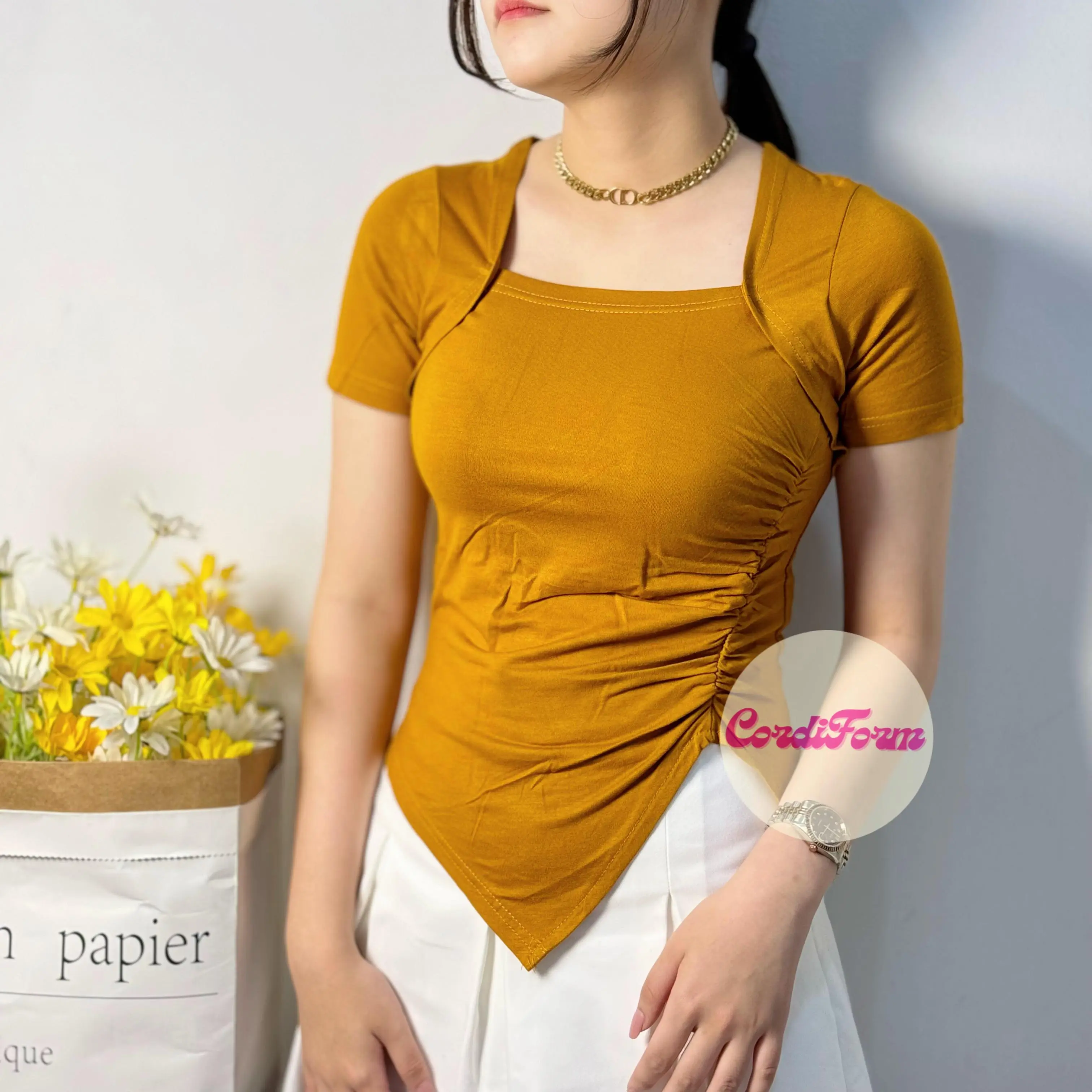 Crop Top Kerut Samping Lengan Pendek Square Neck Polos Wanita #52